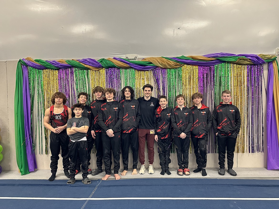 Courtesy photo
Avant Coeur Gymnastics Level 5-9 boys at the Dynamic Flip Fest in Spokane. From left are Conan Tapia, Felipe McAllister, Cayden Ptashkin, Lance Mosher, Grayson McKlendin, coach Matt Auerbach, Blaide Cotton, Carson Kenny, Hudson Petticolas and Ricky Parker.