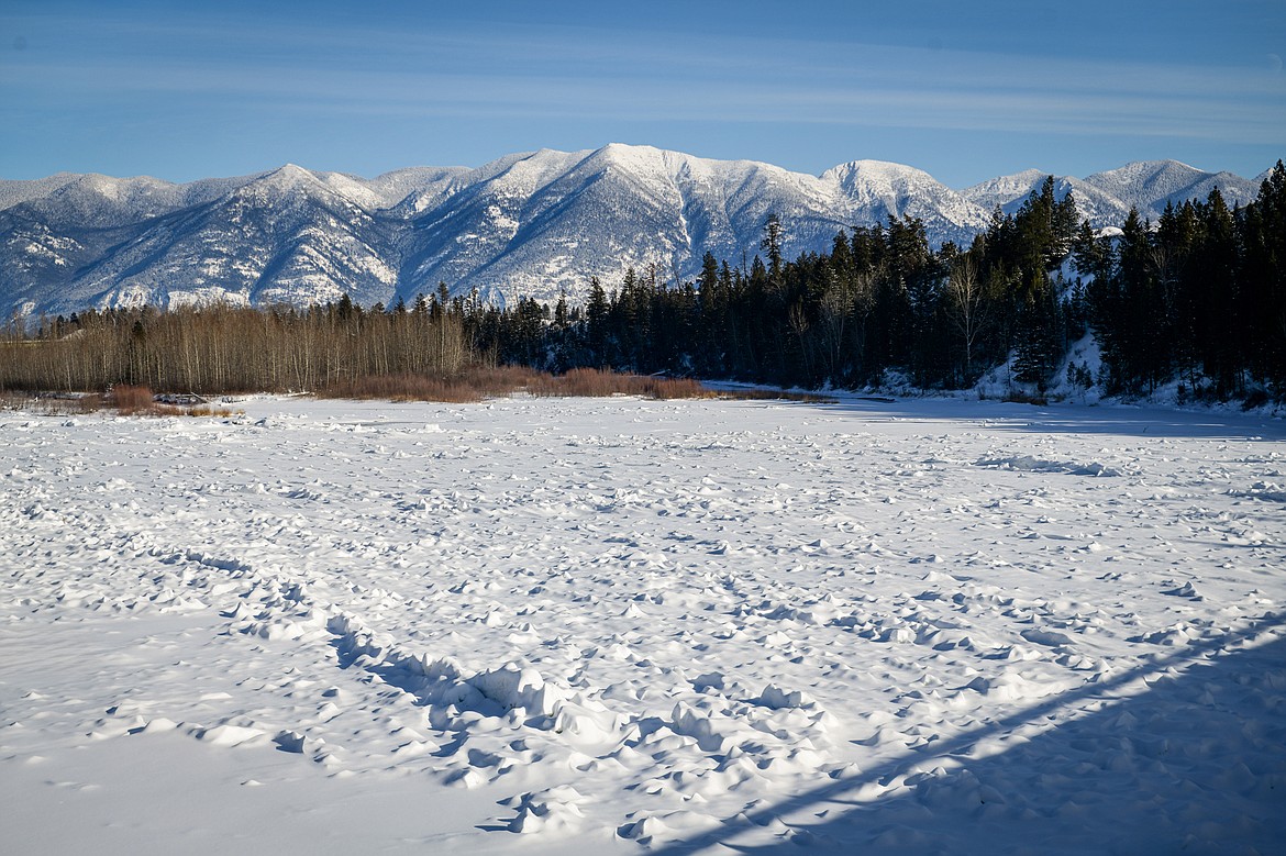 Snow and ice across the entire Flathead River at the Old Steel Bridge Fishing Access on Thursday, Jan. 19. (Casey Kreider/Daily Inter Lake)