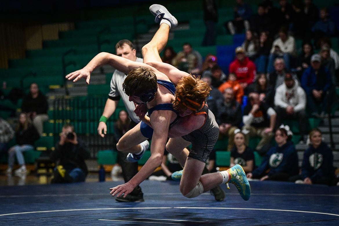 Flathead's Logan Stansberry wrestles Glacier's Mark Ahner at 170 lbs. at Glacier High School on Thursday, Jan. 18. (Casey Kreider/Daily Inter Lake)