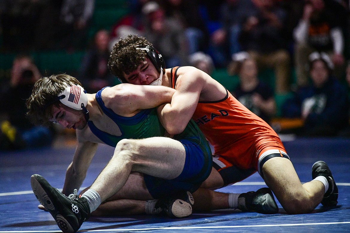 Flathead's Diesel Thompson wrestles Glacier's Payton Steward at 126 lbs. at Glacier High School on Thursday, Jan. 18. (Casey Kreider/Daily Inter Lake)