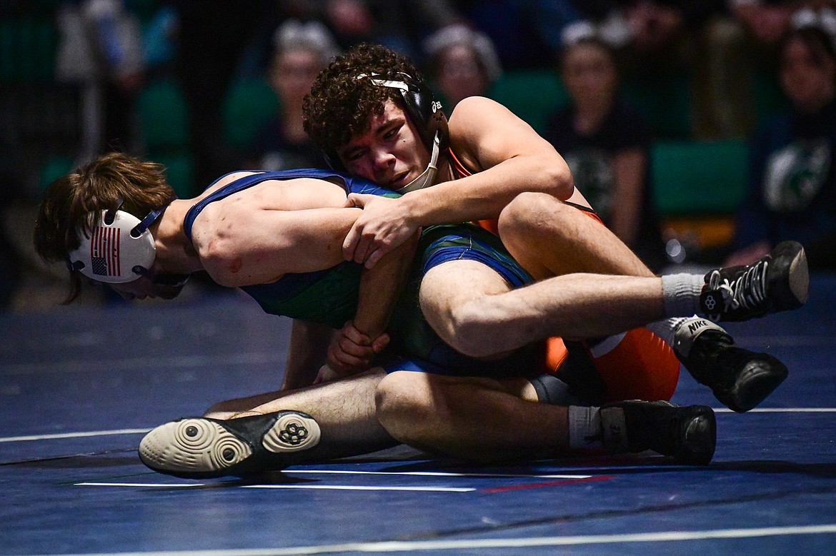 Flathead's Diesel Thompson wrestles Glacier's Payton Steward at 126 lbs. at Glacier High School on Thursday, Jan. 18. (Casey Kreider/Daily Inter Lake)