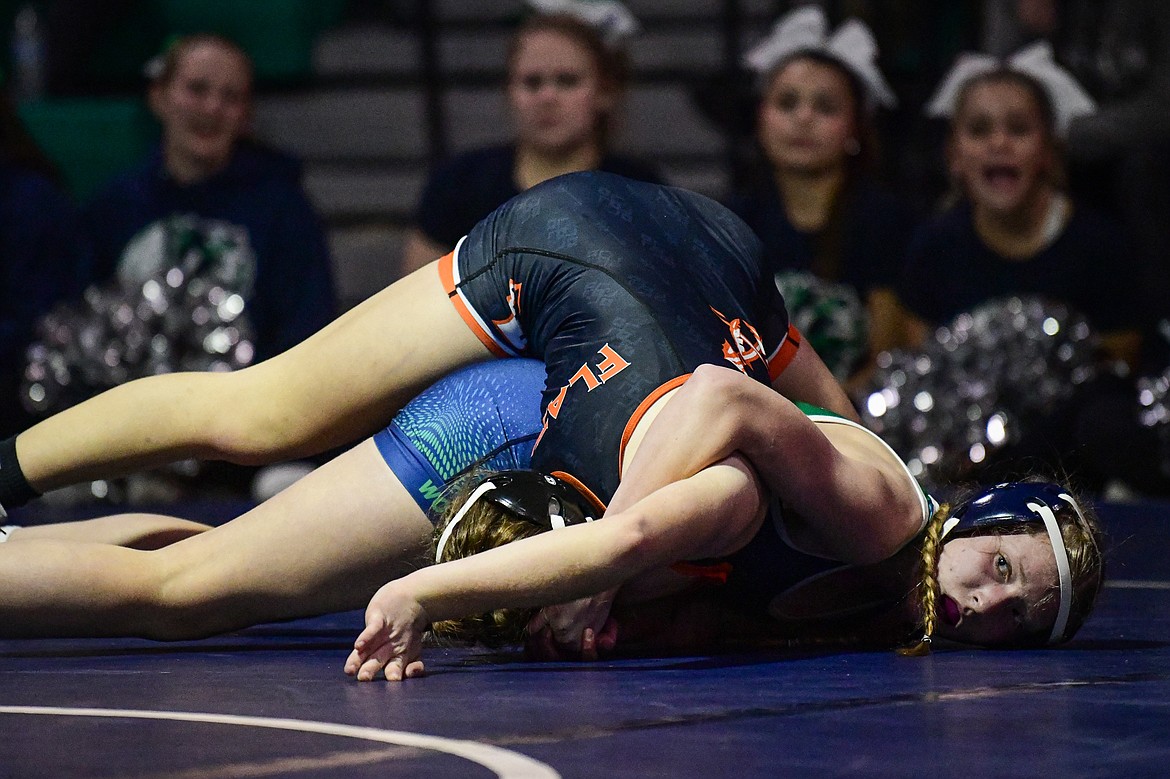 Glacier's Kylie Shine wrestles Flathead's Kiera Lackey at 132 lbs. at Glacier High School on Thursday, Jan. 18. (Casey Kreider/Daily Inter Lake)