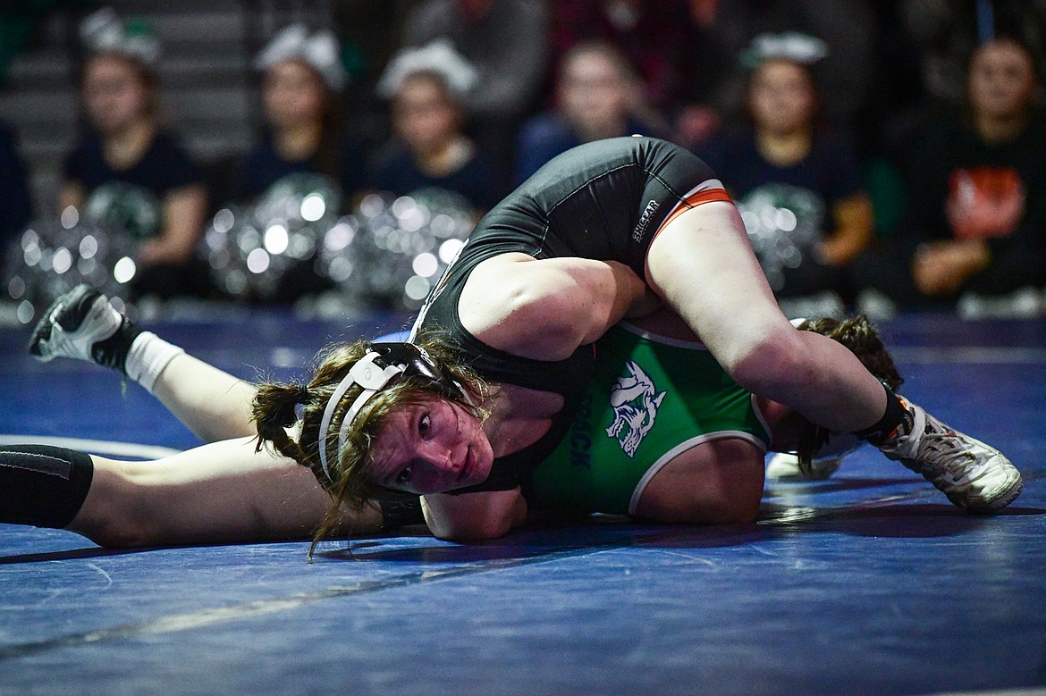 Flathead's Brady Boll wrestles Glacier's Mikaela Julius at 126 lbs. at Glacier High School on Thursday, Jan. 18. (Casey Kreider/Daily Inter Lake)