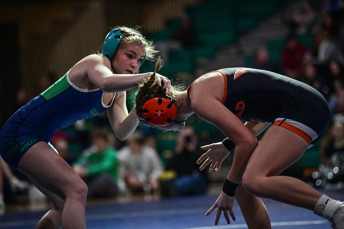 Glacier's Brooke Yeadon wrestles Flathead's Selah Lackey at 107 lbs. at Glacier High School on Thursday, Jan. 18. (Casey Kreider/Daily Inter Lake)