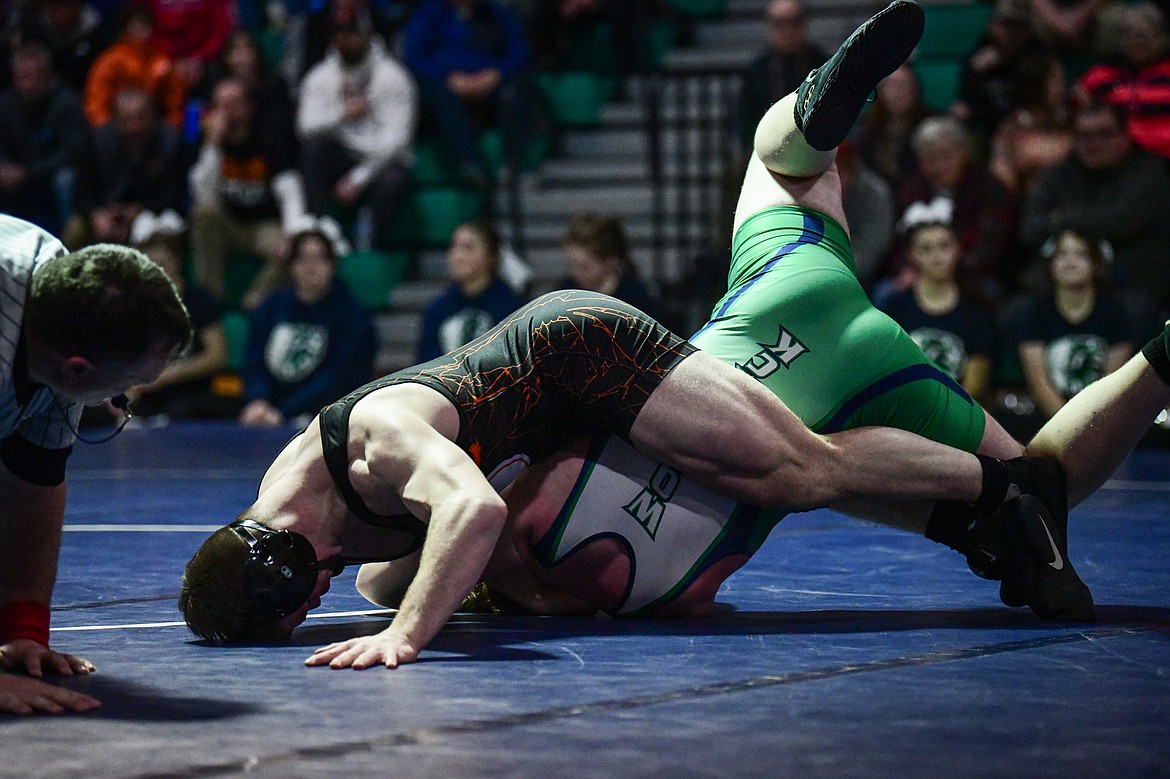 Flathead's Anders Thompson wrestles Glacier's Noah Horn at 205 lbs. at Glacier High School on Thursday, Jan. 18. (Casey Kreider/Daily Inter Lake)