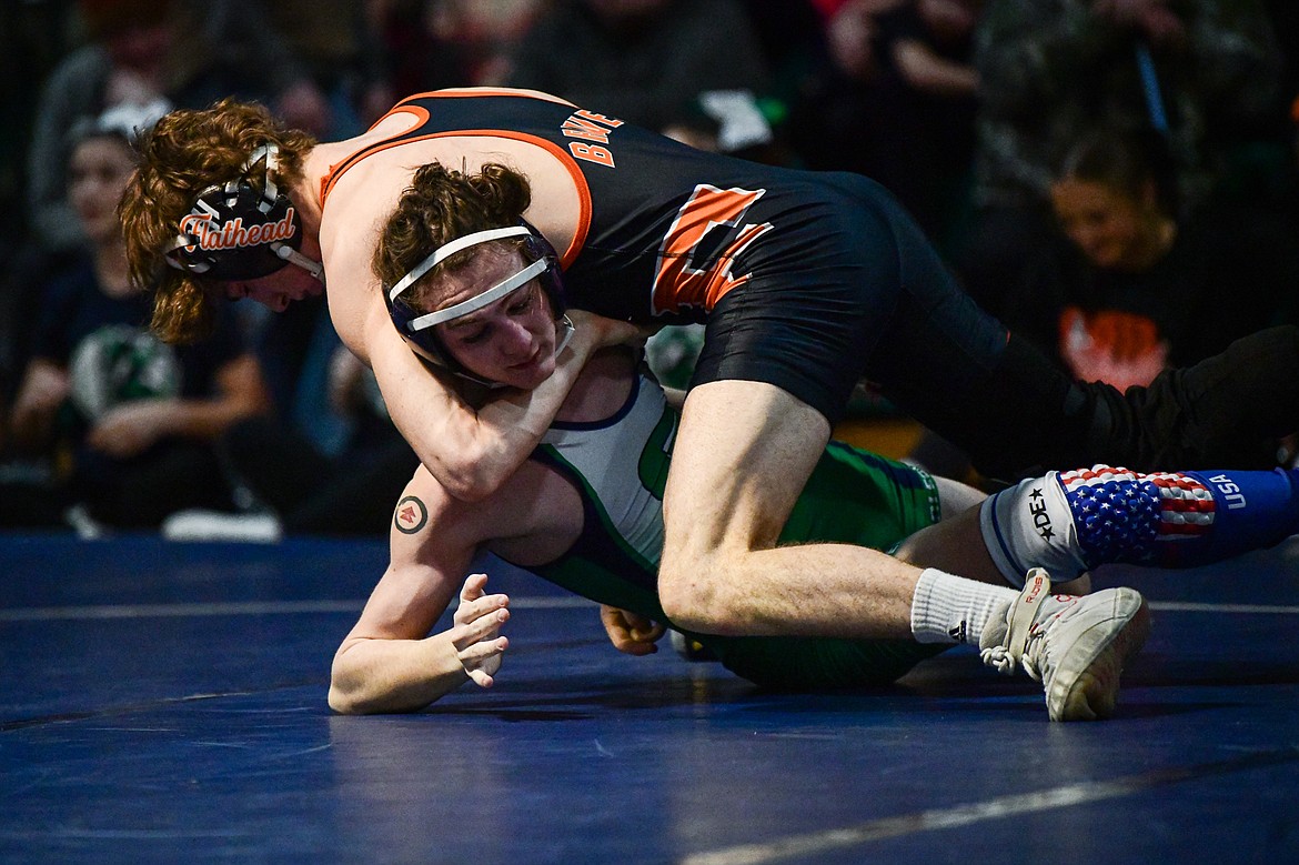 Flathead's Lane Chivers wrestles Glacier's Niko Coles at 152 lbs. at Glacier High School on Thursday, Jan. 18. (Casey Kreider/Daily Inter Lake)