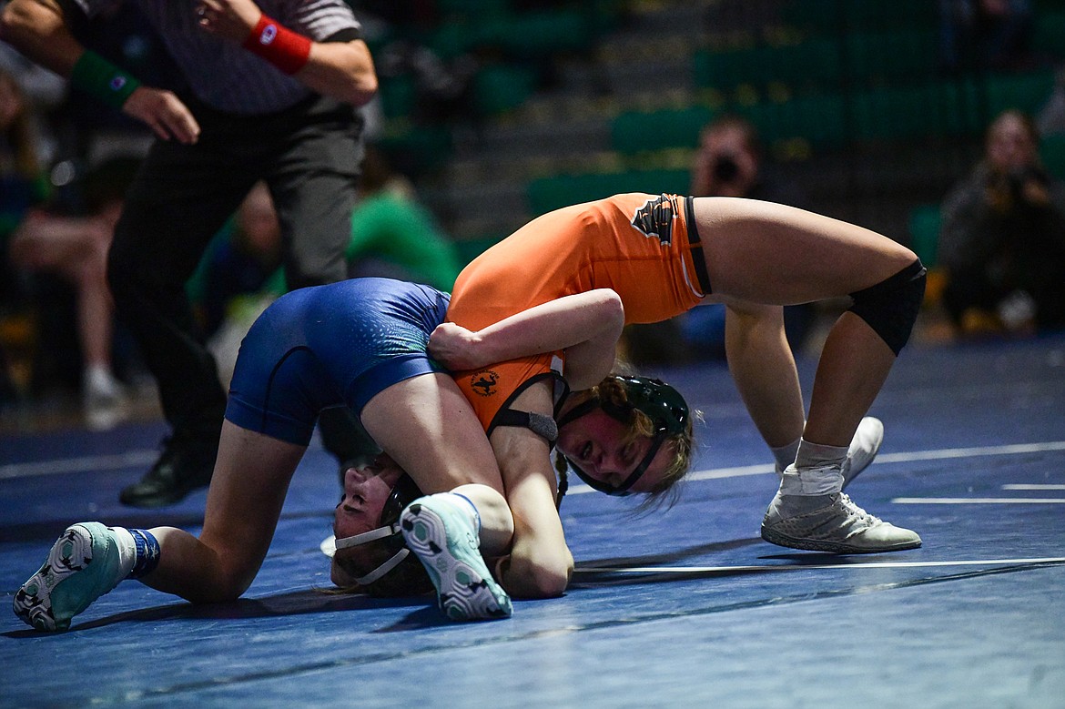 Glacier's Katelyn Sphuler wrestles Flathead's Mykel Lee at 100 lbs. at Glacier High School on Thursday, Jan. 18. (Casey Kreider/Daily Inter Lake)