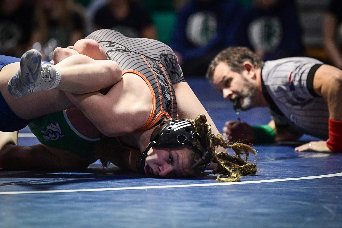 Flathead's Bella Downing wrestles Glacier's Temree Payne-Taylor at 120 lbs.at Glacier High School on Thursday, Jan. 18. (Casey Kreider/Daily Inter Lake)