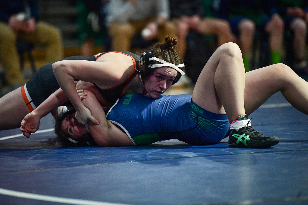 Flathead's Autumn Thompson wrestles Glacier's Auttem Kostelecky at 132 lbs. at Glacier High School on Thursday, Jan. 18. (Casey Kreider/Daily Inter Lake)