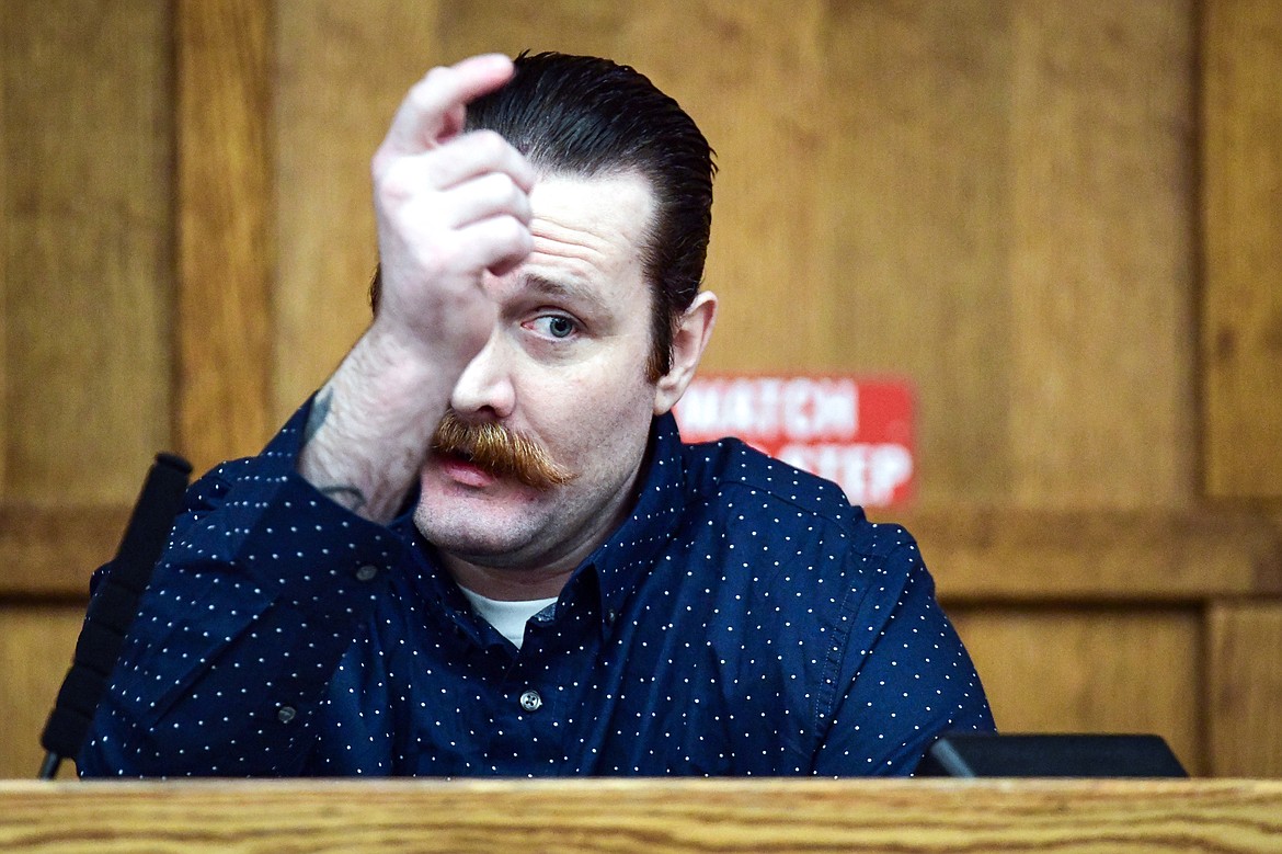 Steven Justin Hedtrick testifies during his trial on charges of felony deliberate homicide in Flathead County District Court on Friday, Jan. 19. (Casey Kreider/Daily Inter Lake)