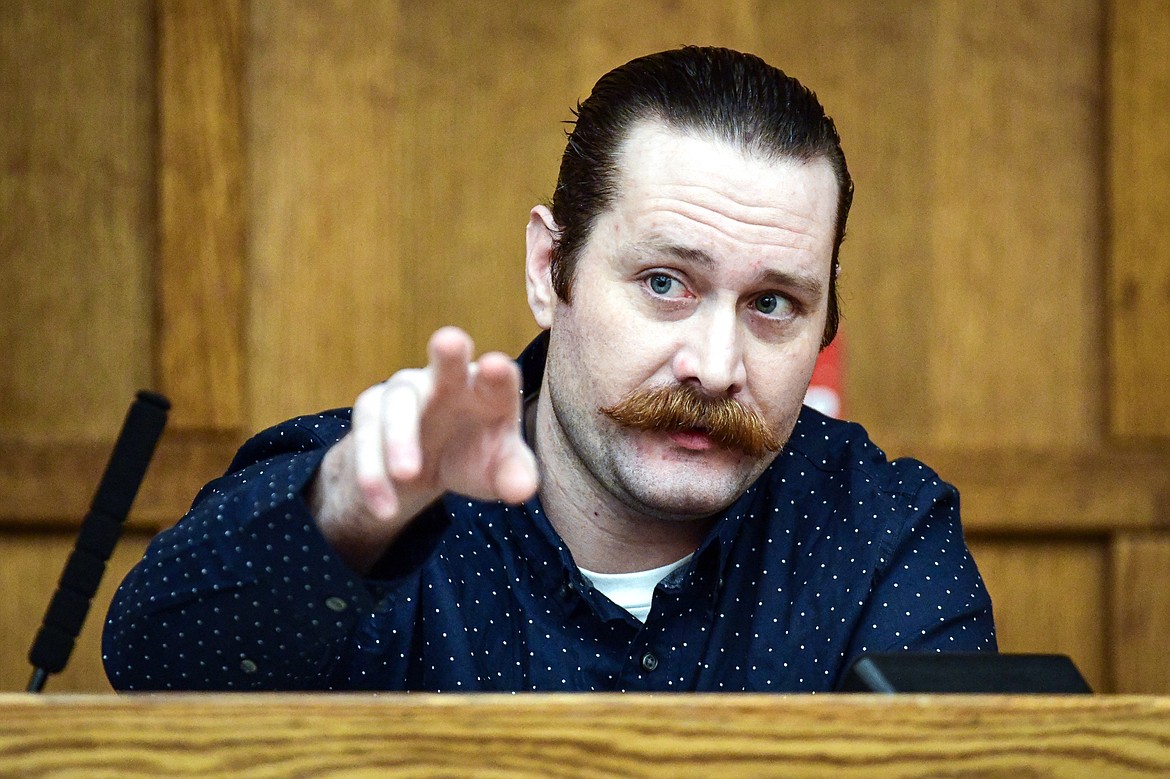 Steven Justin Hedtrick testifies during his trial on charges of felony deliberate homicide in Flathead County District Court on Friday, Jan. 19. (Casey Kreider/Daily Inter Lake)