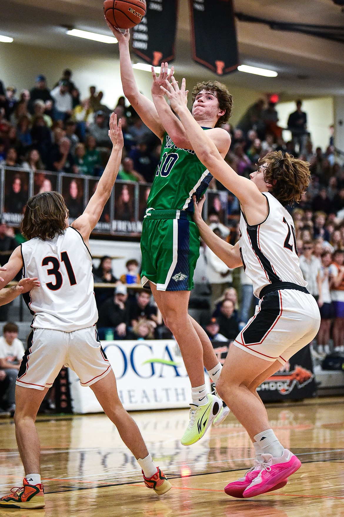 Glacier's Brantly Salmonsen (10) drives to the basket in the first half against Flathead at Flathead High School on Friday, Jan. 19. (Casey Kreider/Daily Inter Lake)