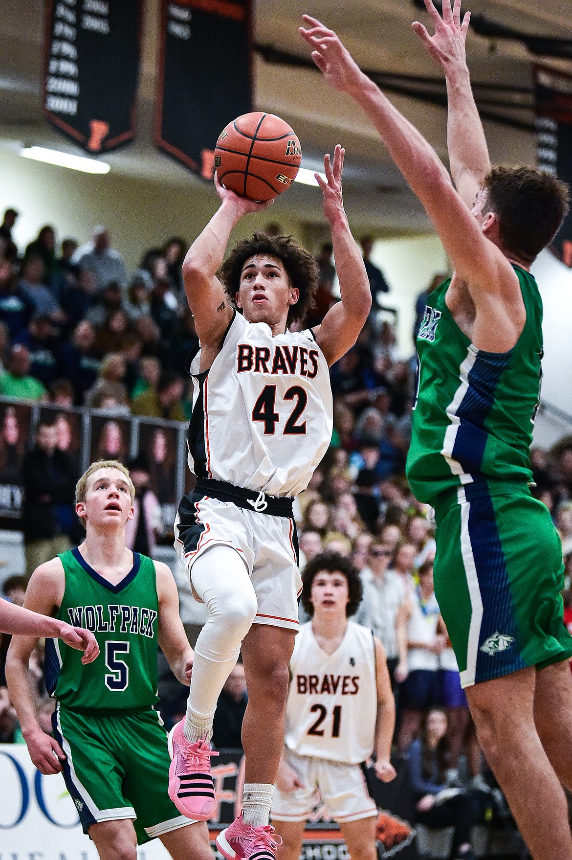 Flathead's Jordan Griffin (42) drives to the basket in the second half against Glacier at Flathead High School on Friday, Jan. 19. (Casey Kreider/Daily Inter Lake)