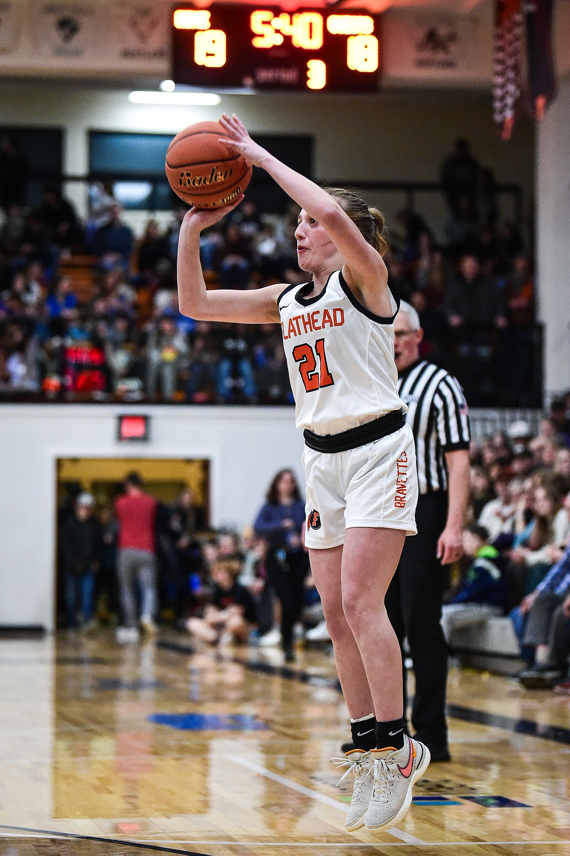 Flathead's Harlie Roth (21) shoots in the second half against Glacier at Flathead High School on Friday, Jan. 19. (Casey Kreider/Daily Inter Lake)