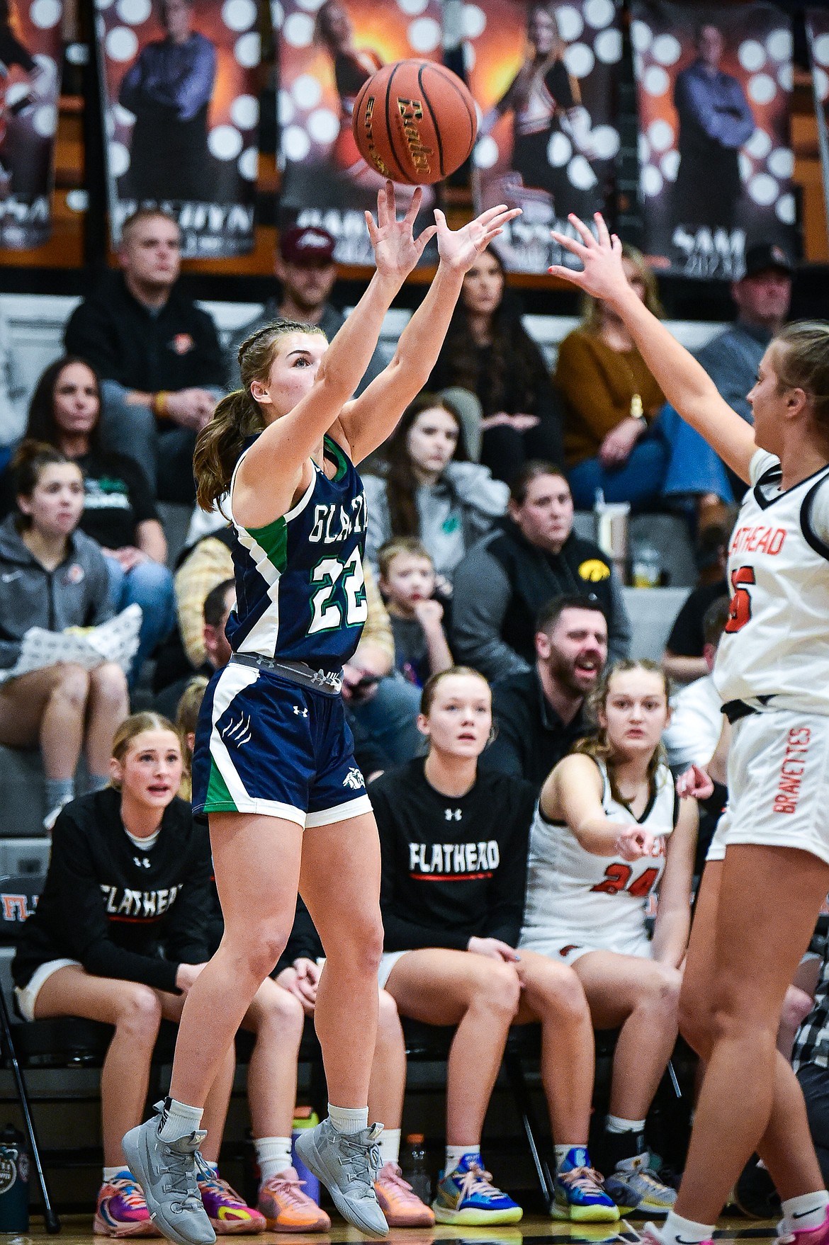 Glacier's Noah Fincher (22) shoots from the corner against Flathead at Flathead High School on Friday, Jan. 19. (Casey Kreider/Daily Inter Lake)