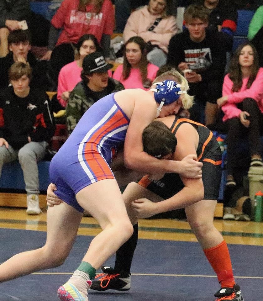 Superior 205-pound wrestler Jaden Hughes (left) takes control during a match at this past weekend's Ted Kato Invitational wrestling meet in Thompson Falls. (Photo by Kami Milender)