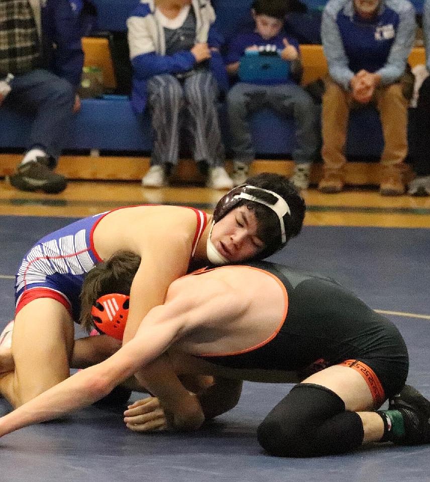 Superior 152-pounder Lucas Kovalsky (top) on his way to winning the 152-pound category at this past weekend's Ted Kato Invitational in Thompson Falls. (Photo by Kami Milender)