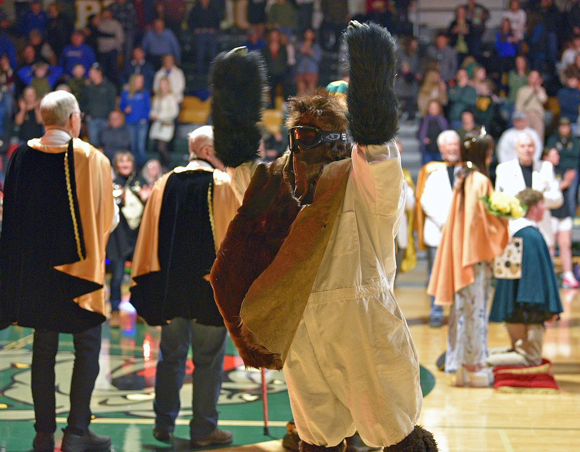 A Whitefish Winter Carnival Yeti gets the crowd excited at the Prince Frey and Princess Freya crowning at the Whitefish High School basketball games on Friday. (Whitney England/Whitefish Pilot)