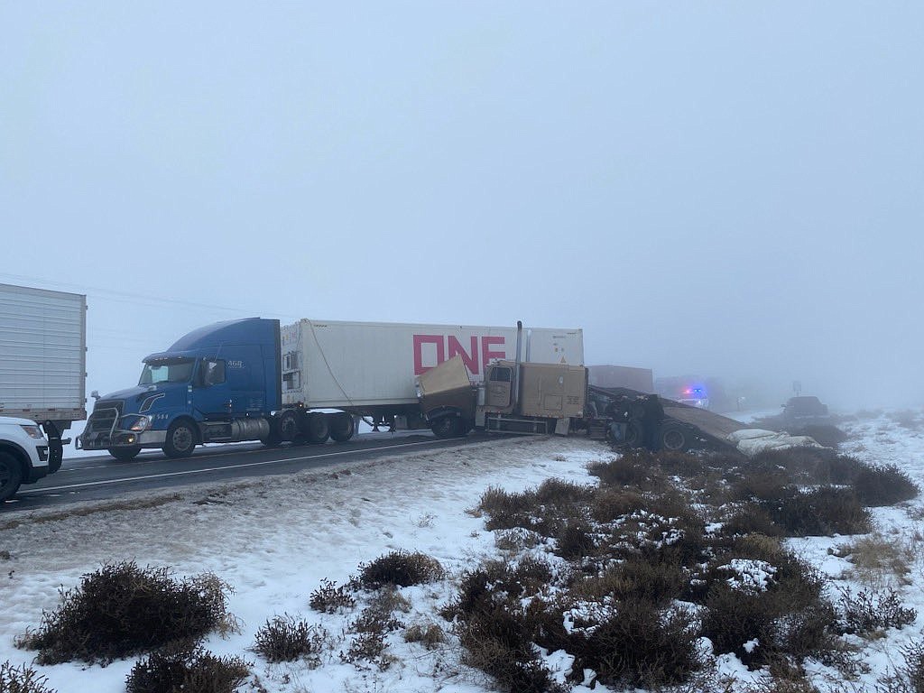 Three semis and a pickup collided Monday afternoon about 10 miles west of Royal City.