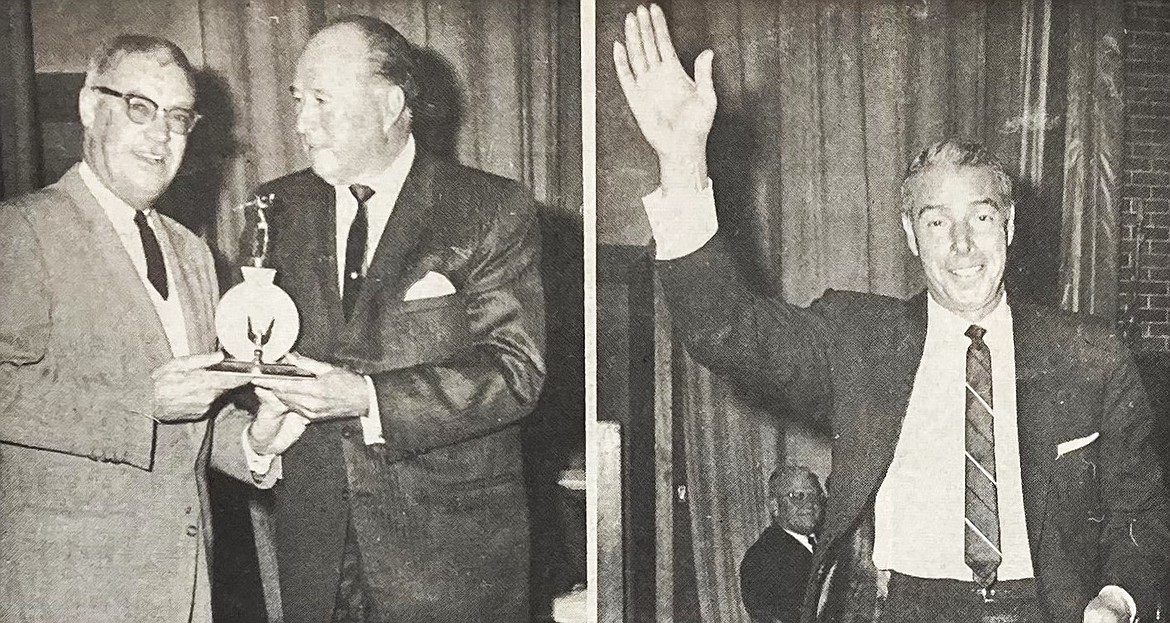 In the left photo, Coeur d’Alene restaurateur Bill Webster, left, shares a gag gift with baseball great Lefty O’Doul. In the right photo, New York Yankee great Joe Dimaggio waves to a crowd of 900 in the old North Shore Motor Inn.
