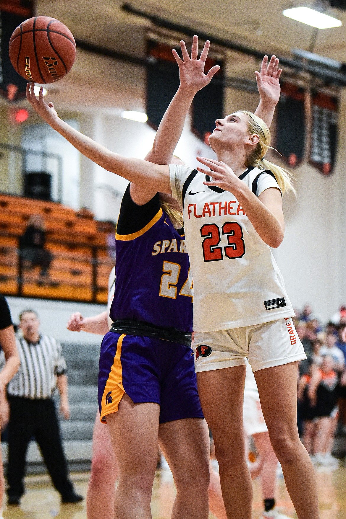 Flathead's Celie Vandenbosch (23) goes to the basket in the first half against Missoula Sentinel at Flathead High School on Thursday, Jan. 25. (Casey Kreider/Daily Inter Lake)