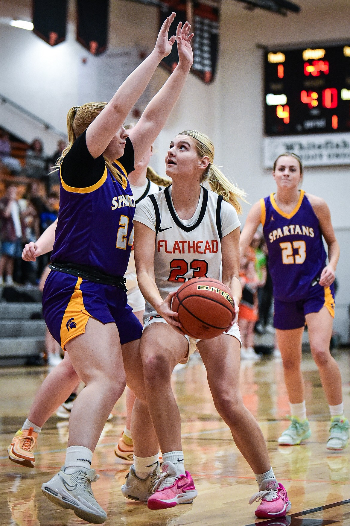 Flathead's Celie Vandenbosch (23) goes to the basket in the first half against Missoula Sentinel at Flathead High School on Thursday, Jan. 25. (Casey Kreider/Daily Inter Lake)