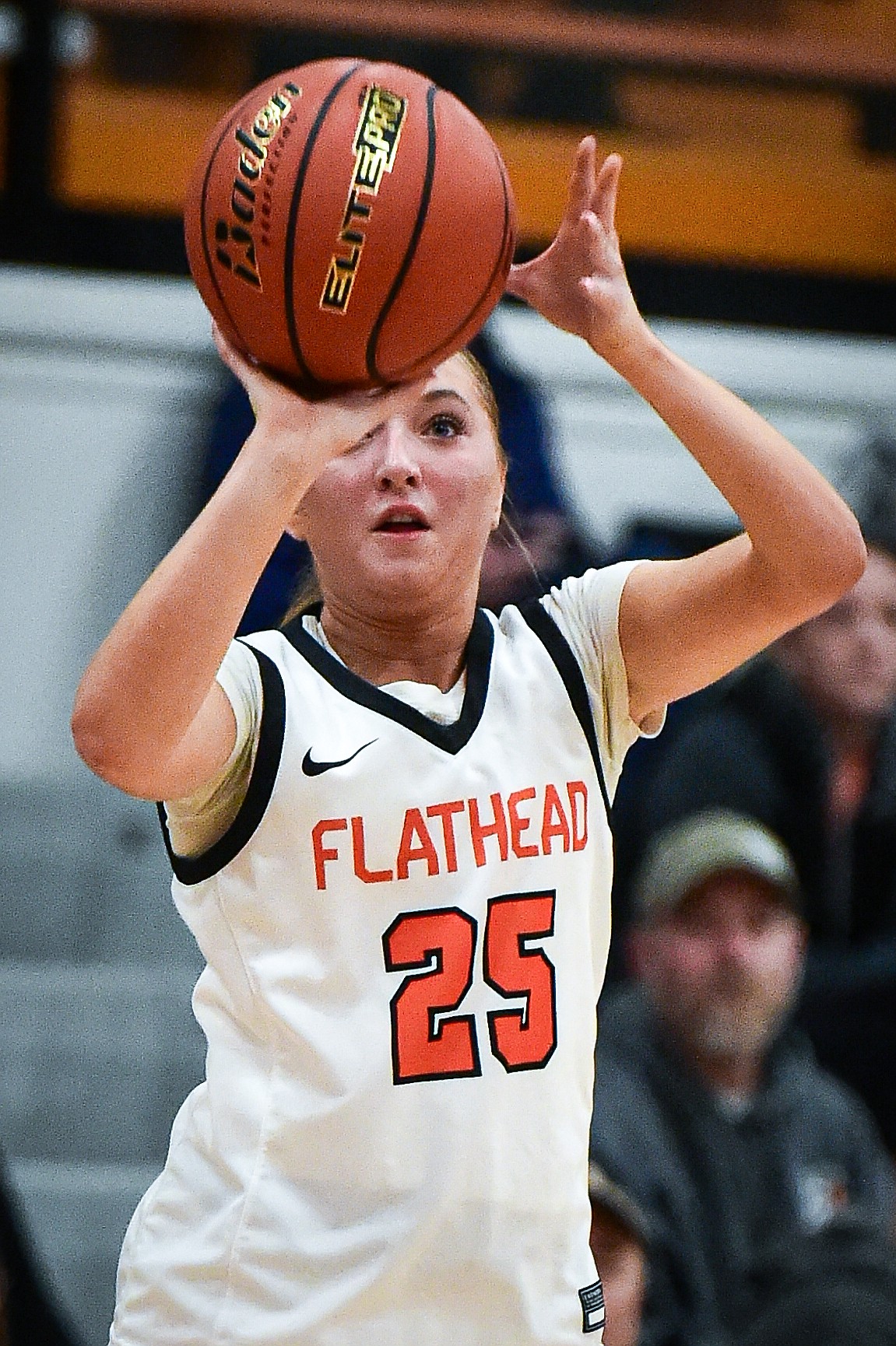 Flathead's Chloe Converse (25) knocks down one of her five three-pointers in the first half against Missoula Sentinel at Flathead High School on Thursday, Jan. 25. (Casey Kreider/Daily Inter Lake)
