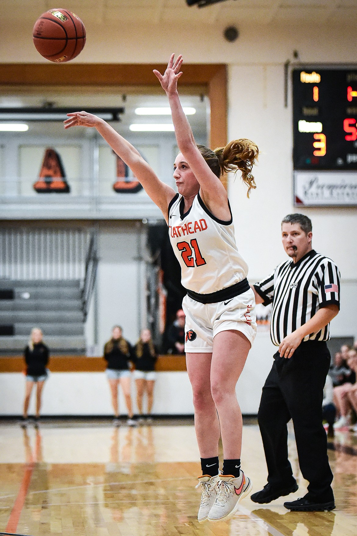 Flathead's Harlie Roth (21) looks to shoot in the first half against Missoula Sentinel at Flathead High School on Thursday, Jan. 25. (Casey Kreider/Daily Inter Lake)