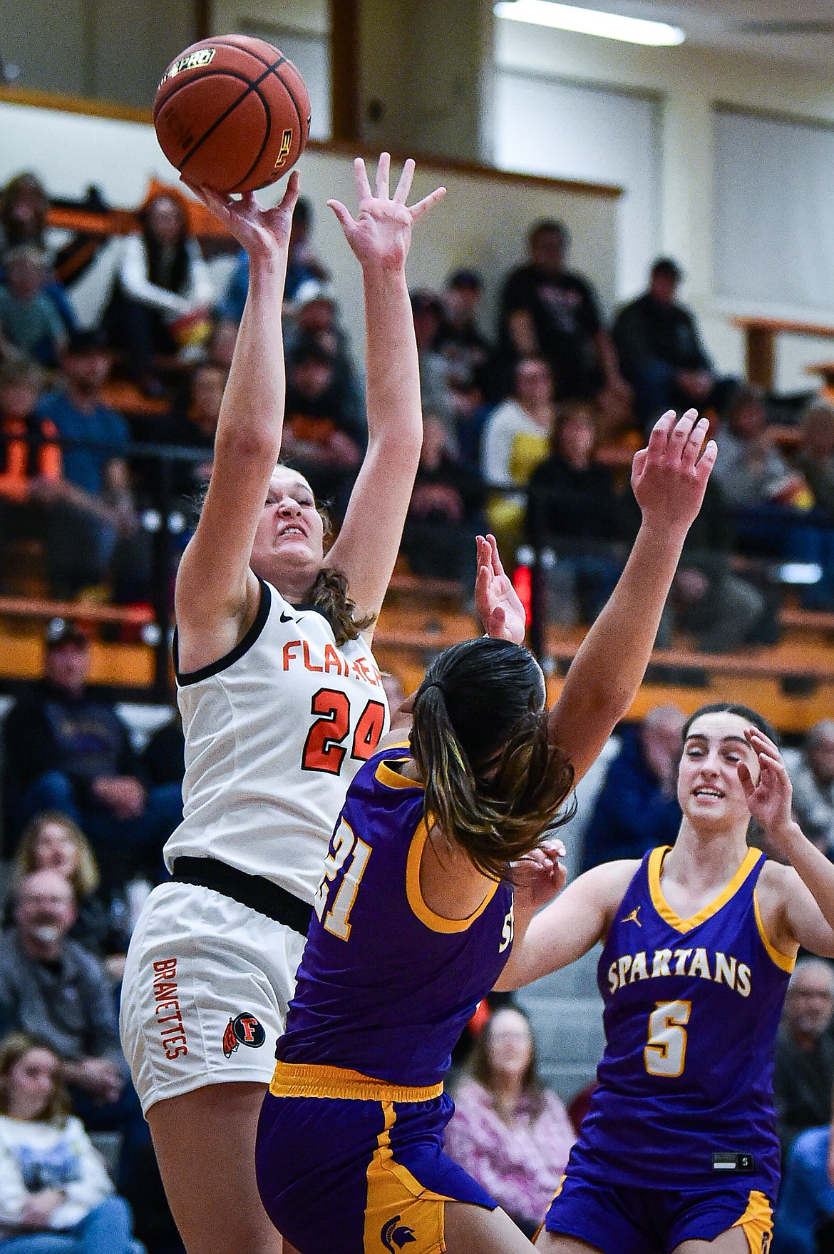 Flathead's Mattie Thompson (24) shoots in the first half against Missoula Sentinel at Flathead High School on Thursday, Jan. 25. (Casey Kreider/Daily Inter Lake)