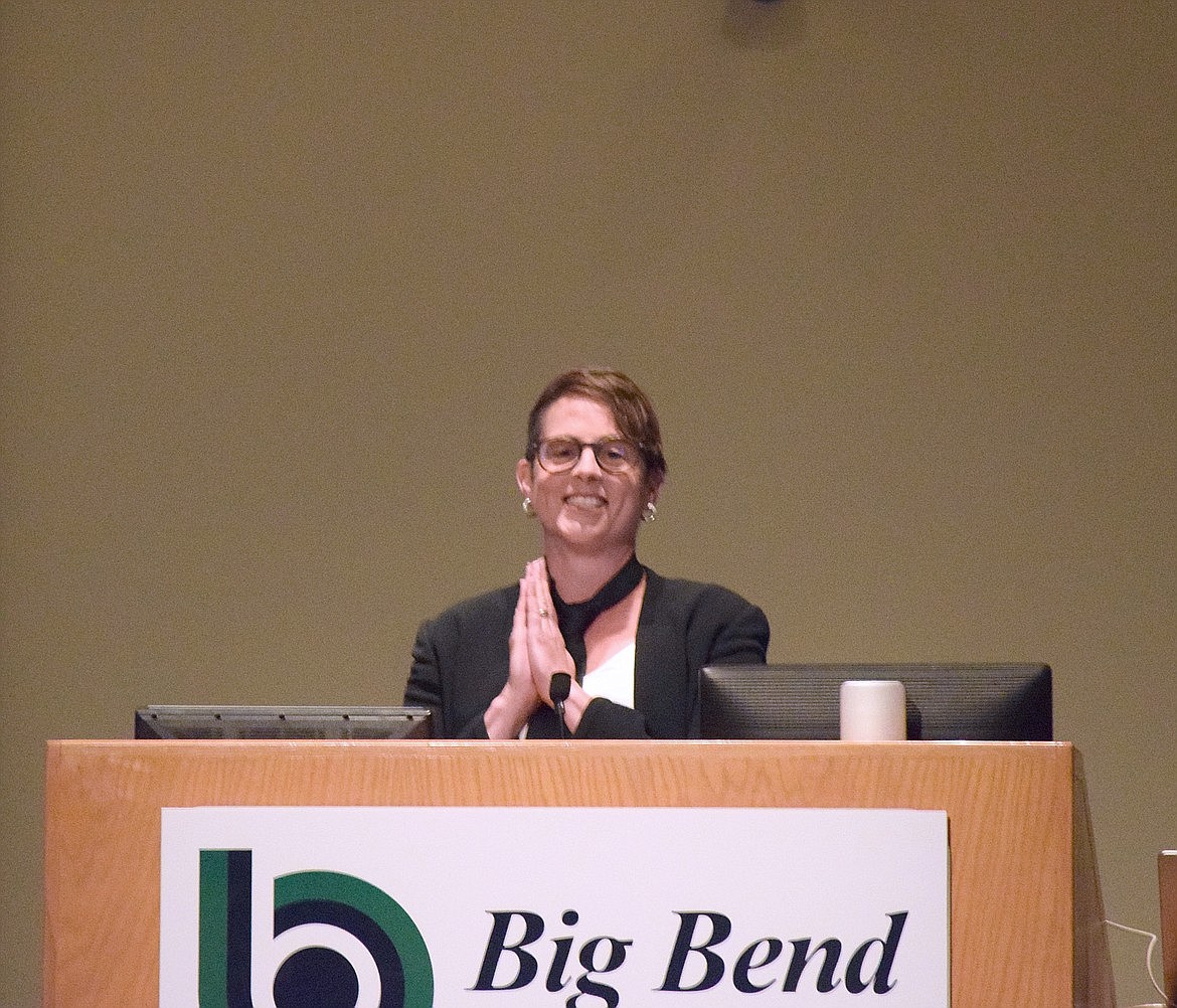 Big Bend Community College President Sara Thompson Tweedy addresses attendees during the 2023 Cellarbration event. The annual fundraiser not only raises funds for BBCC students' benefit - it also highlights the success stories of Big Bend alums.