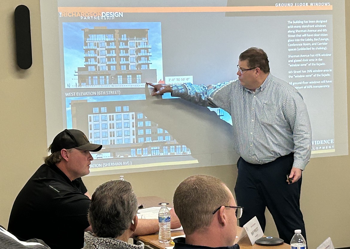 Architect Michael Nilson outlines design details for the proposed Marriott hotel in downtown Coeur d'Alene during Thursday's Design Review Commission meeting on Thursday at City Hall.