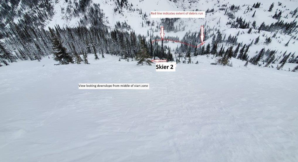 A photo taken from the helicopter on January 12 shows an aerial view of the avalanche area by Stevens Peak.