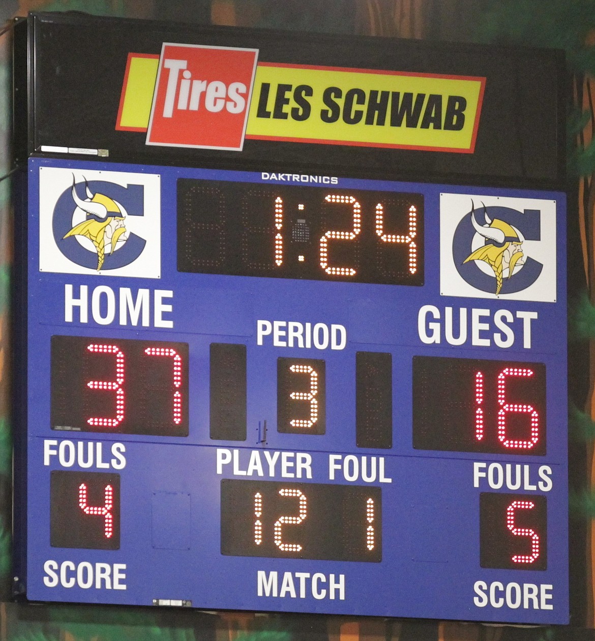 As this scoreboard shows, the visiting team (Post Falls) has committed five team fouls by late in the third quarter, putting Coeur d'Alene in the bonus (two shots, instead of one-and-one) the rest of the quarter. The foul count resets at the beginning of each quarter.