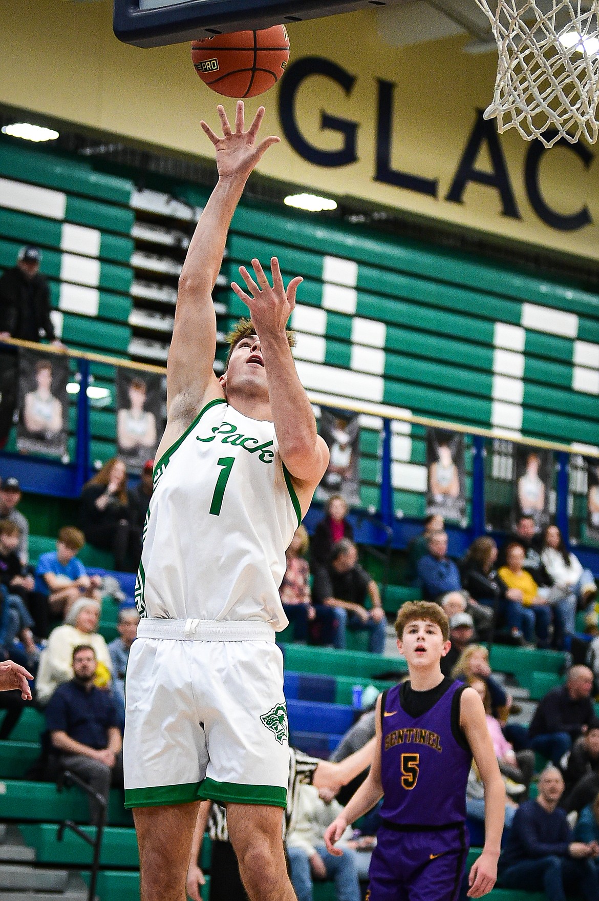 Glacier's Cohen Kastelitz (1) goes to the basket in the first quarter against Missoula Sentinel at Glacier High School on Saturday, Jan. 27. (Casey Kreider/Daily Inter Lake)