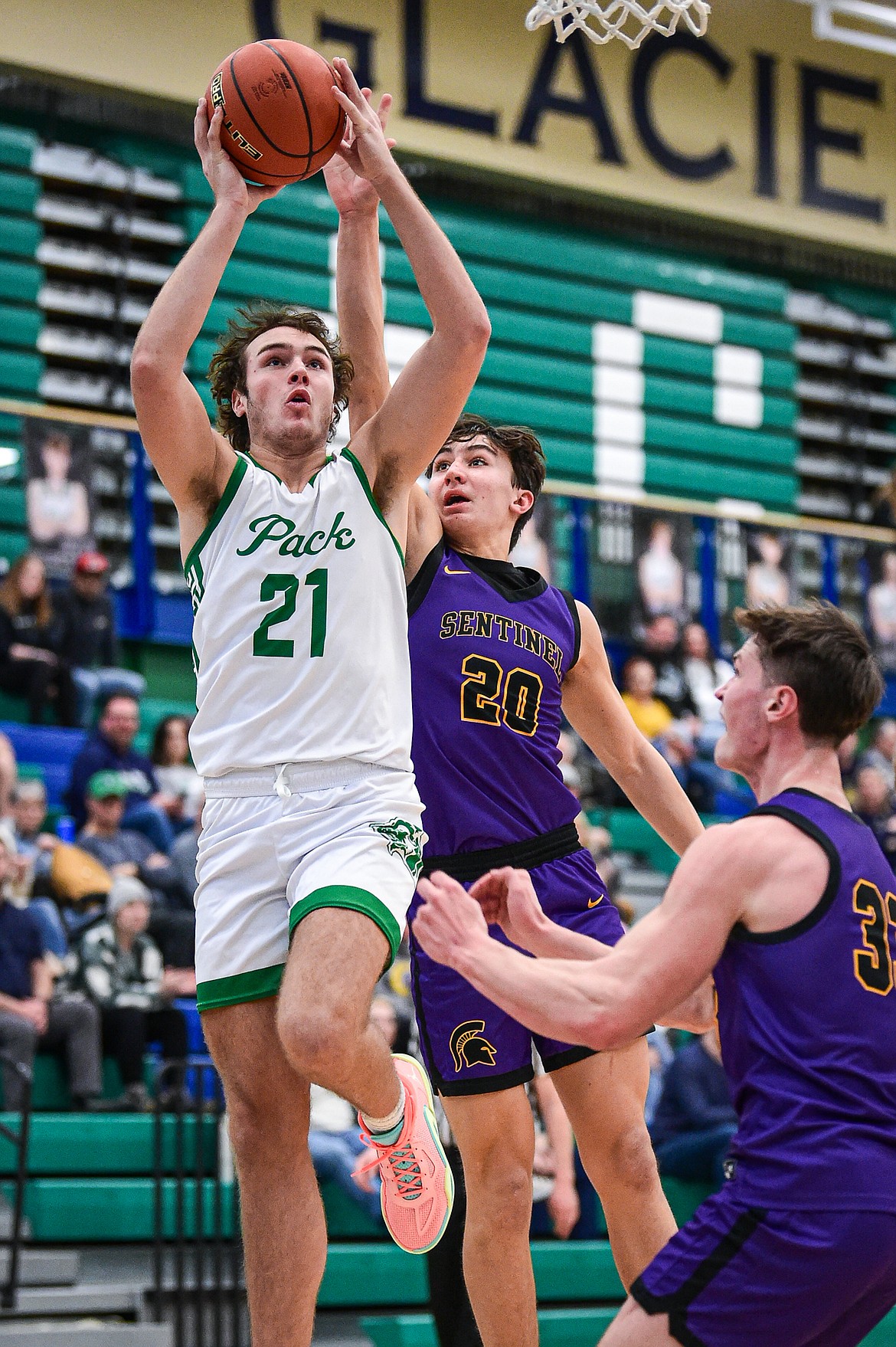 Glacier's Slate Burrington (21) goes to the basket in the first half against Missoula Sentinel at Glacier High School on Saturday, Jan. 27. (Casey Kreider/Daily Inter Lake)