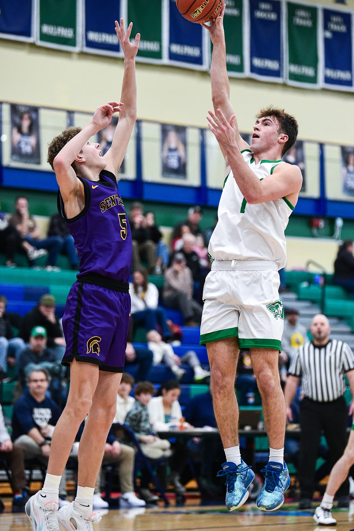 Glacier's Cohen Kastelitz (1) shoots in the second half against Missoula Sentinel's Lincoln Rogers (5) at Glacier High School on Saturday, Jan. 27. (Casey Kreider/Daily Inter Lake)