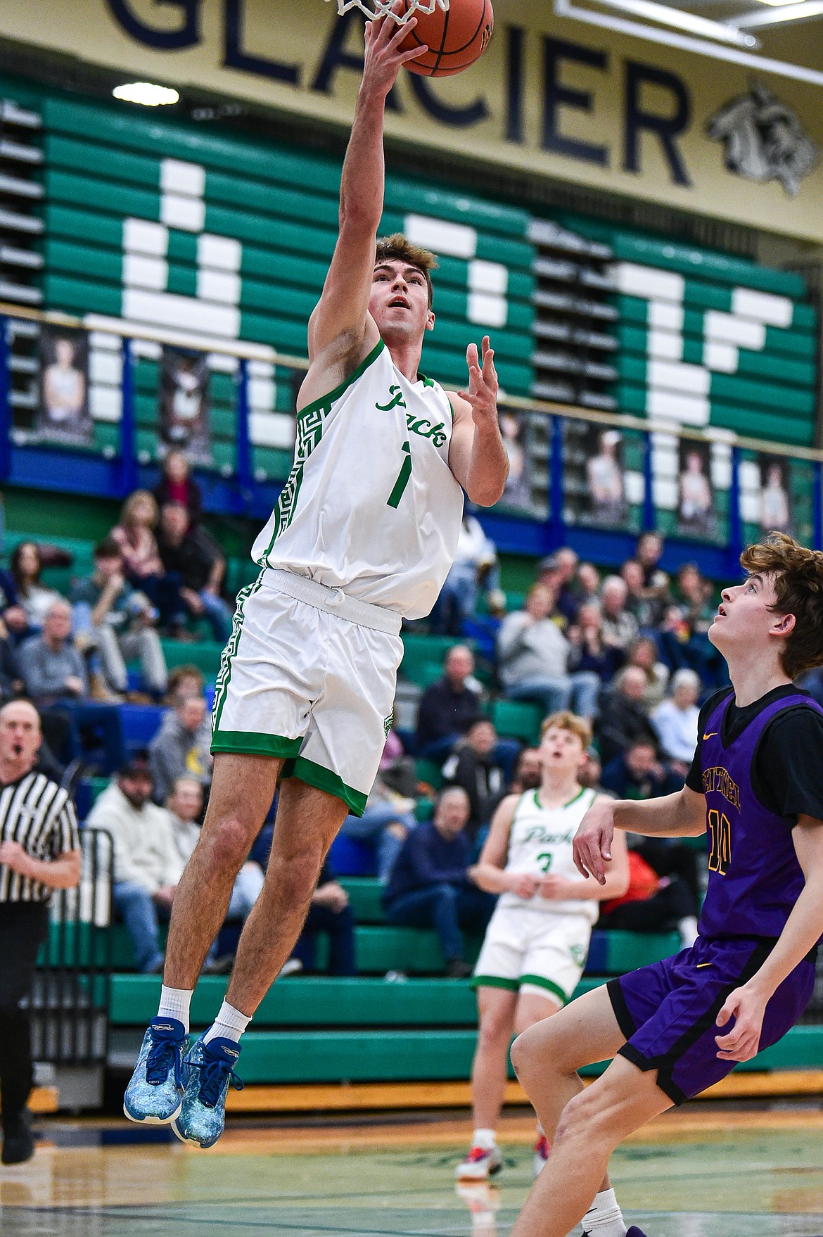 Glacier's Cohen Kastelitz (1) drives to the basket in the first half against Missoula Sentinel at Glacier High School on Saturday, Jan. 27. (Casey Kreider/Daily Inter Lake)