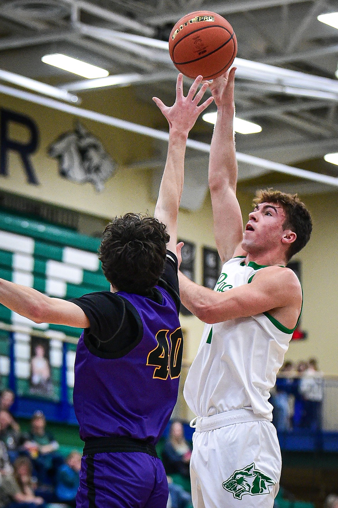 Glacier's Cohen Kastelitz (1) turns to shoot in the first half against Missoula Sentinel at Glacier High School on Saturday, Jan. 27. (Casey Kreider/Daily Inter Lake)