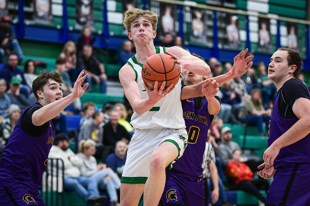 Glacier's Liam Ells (2) drives to the basket in the first half against Missoula Sentinel at Glacier High School on Saturday, Jan. 27. (Casey Kreider/Daily Inter Lake)