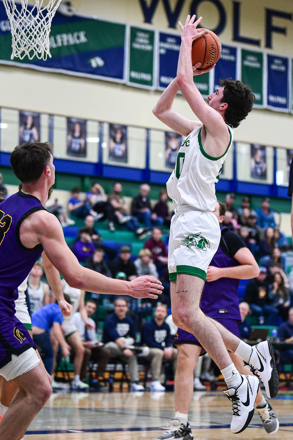 Glacier's Noah Cummings (40) knocks down a shot in the second half against Missoula Sentinel at Glacier High School on Saturday, Jan. 27. (Casey Kreider/Daily Inter Lake)