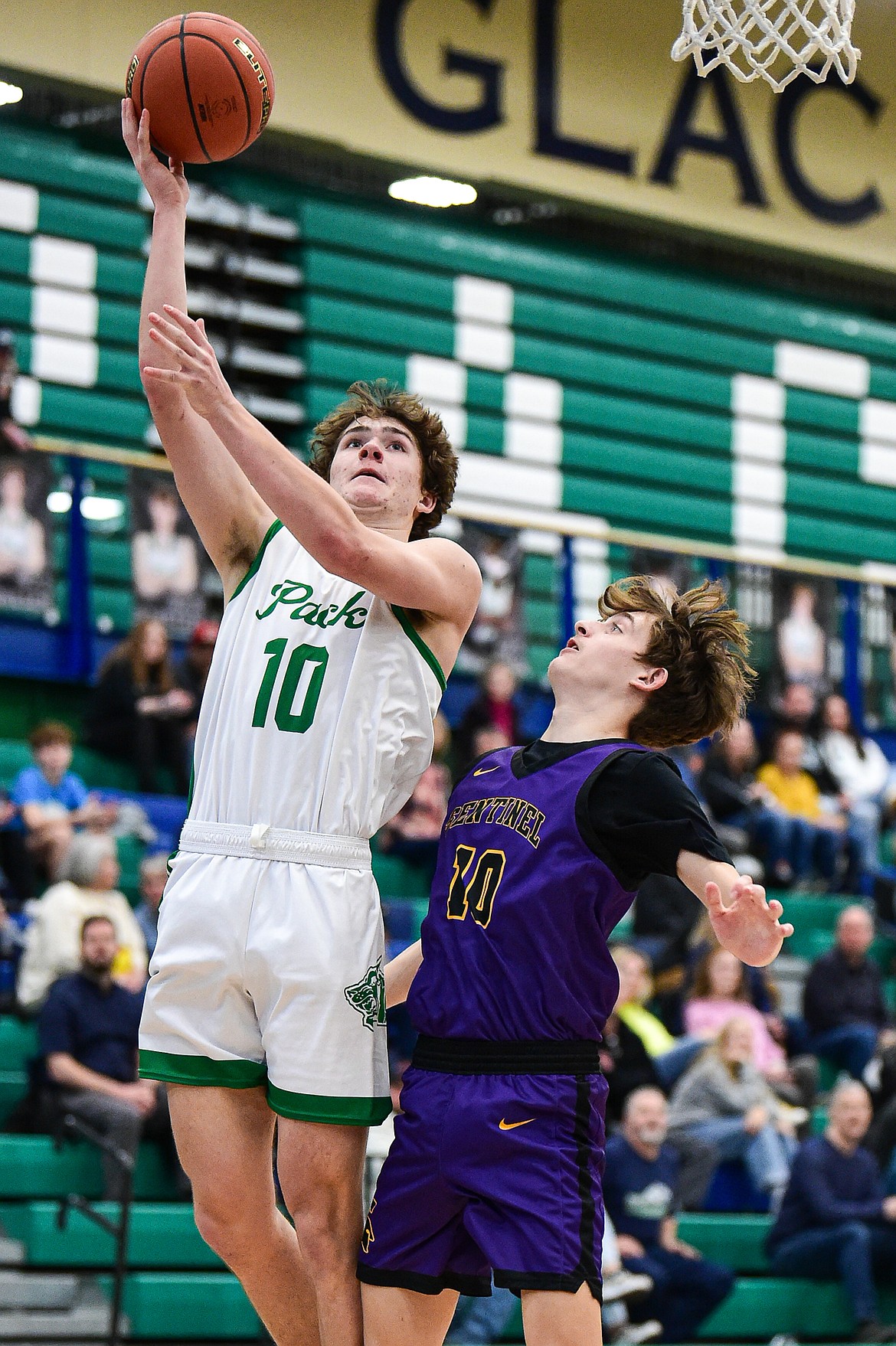 Glacier's Brantly Salmonsen (10) drives to the basket in the first quarter against Missoula Sentinel at Glacier High School on Saturday, Jan. 27. (Casey Kreider/Daily Inter Lake)