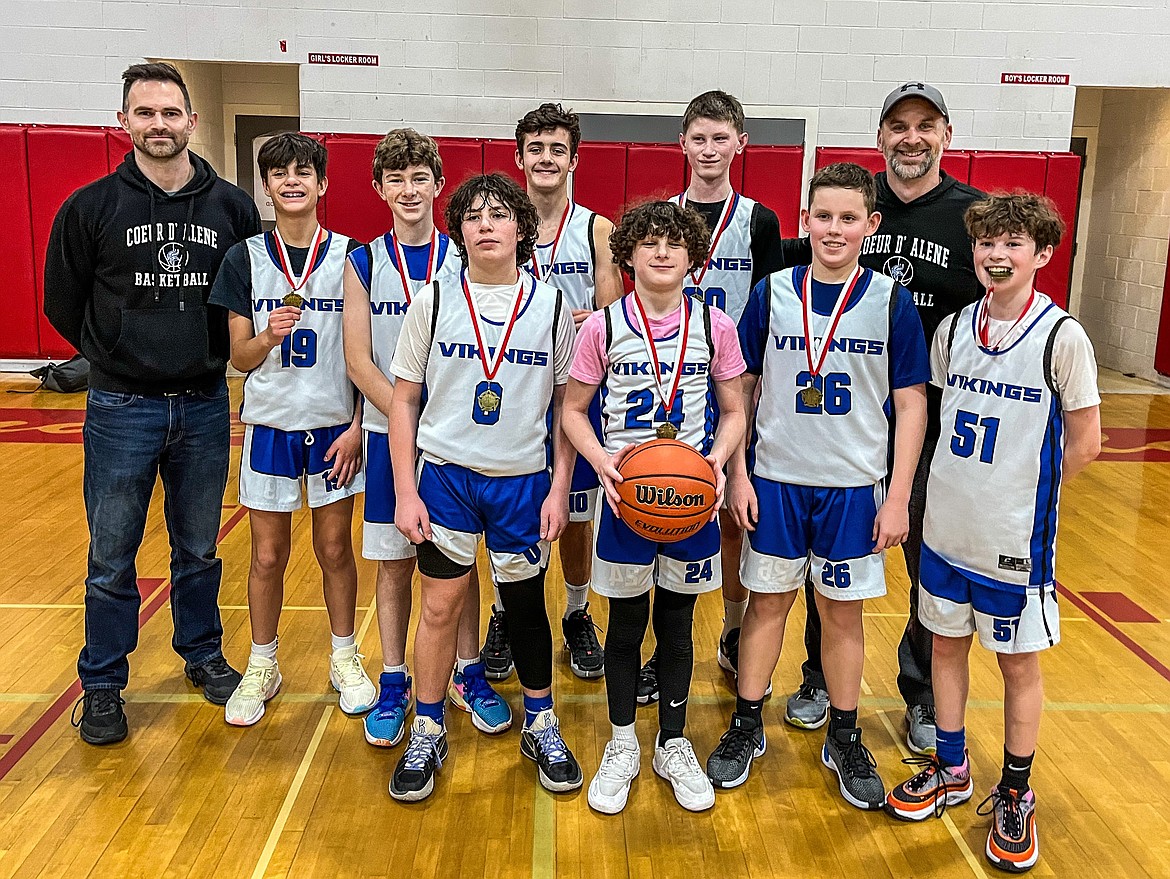 Courtesy photo
The CHS Junior Vikings seventh grade boys AAU basketball team went 4-0 over the weekend to win the Sandpoint Invitational, defeating Sandpoint, the North Idaho Explosion, Moscow and Bonners Ferry. In the front row from left are Jax LaChapelle, Kovack Dolan, Sam Weymouth and Logan Cotant; and back row from left, coach Jordan Gama, Easton Annotti, Caleb Davenport, Braydon Gadberry, Jude Gama and coach Bill Davenport. Not pictured is Landon Schoeny.