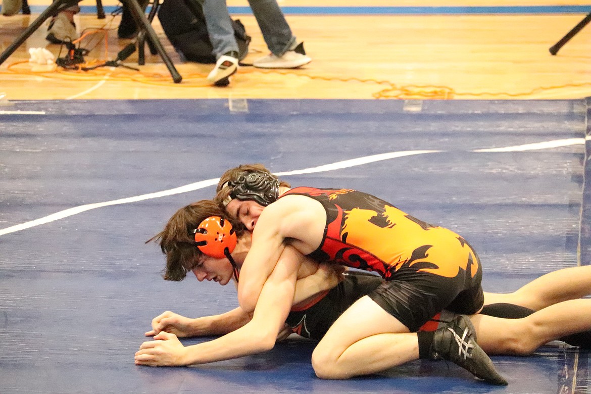 Plains sophomore Beau Crabb looks to control his opponent during this past Saturday's Mission Valley Championship in St. Ignatius.  (Photo by Kami Milender)