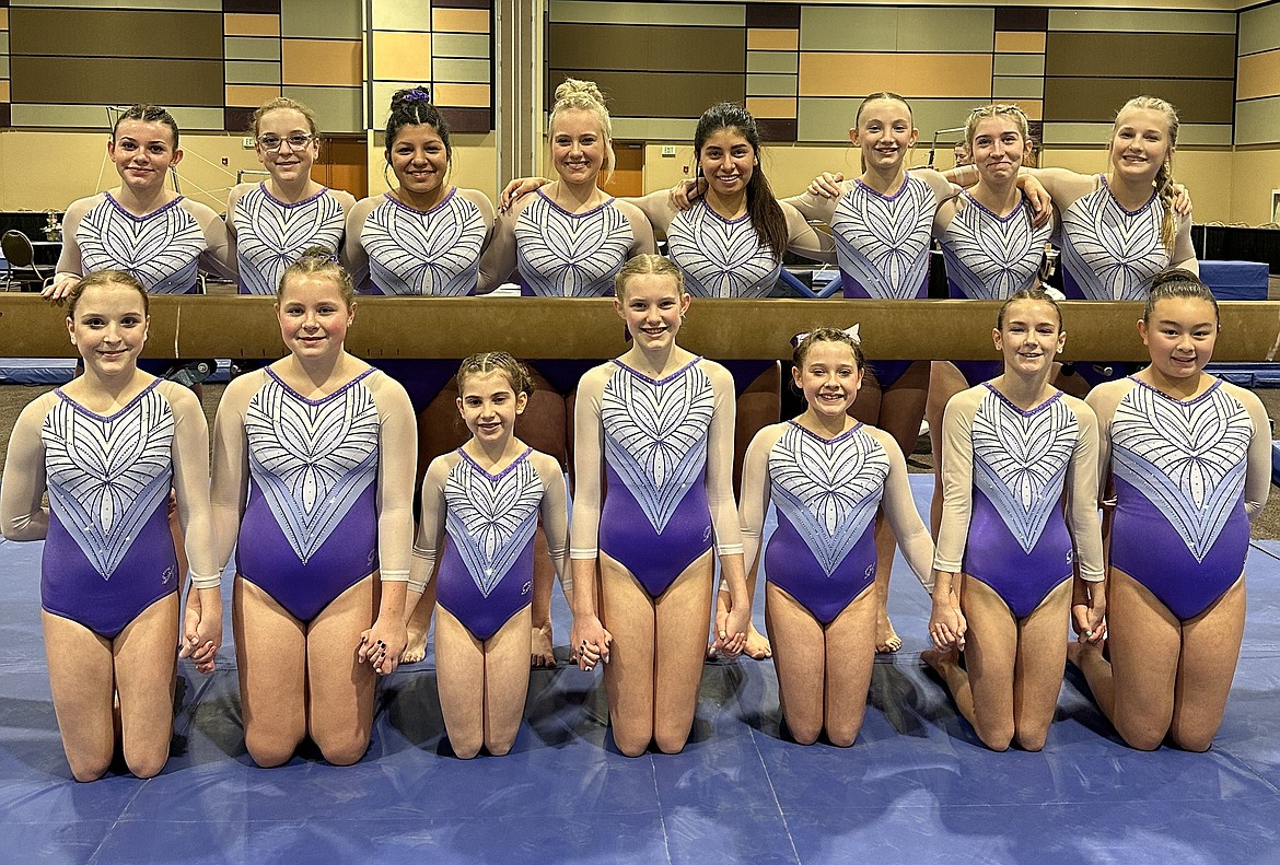 Courtesy photo
Avant Coeur Gymnastics Xcel Gold girls at the Wine Country Classic in Kennewick, Wash. In the front row from left are Dahlia Kramer, Ellie Anderson, Klair Madsen, Elsie Frost, Katy Grantham, Eevelyn Harrison and Evelynn Prescott; and back row from left, Scarlett Green, Lily Kramer, Carina Gencarella, Allie Scott, Carisa Gencarella, Olivia Merry, Addyson Hundrup and Lliana Olind.