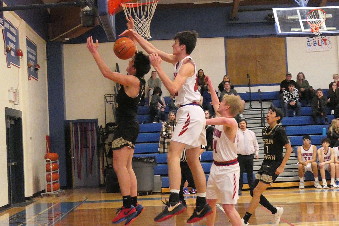 Bobcats' freshman post Landon Richards blocks a Seeley shot attempt during their game Saturday evening in Superior.  (Chuck Bandel/MI-VP)