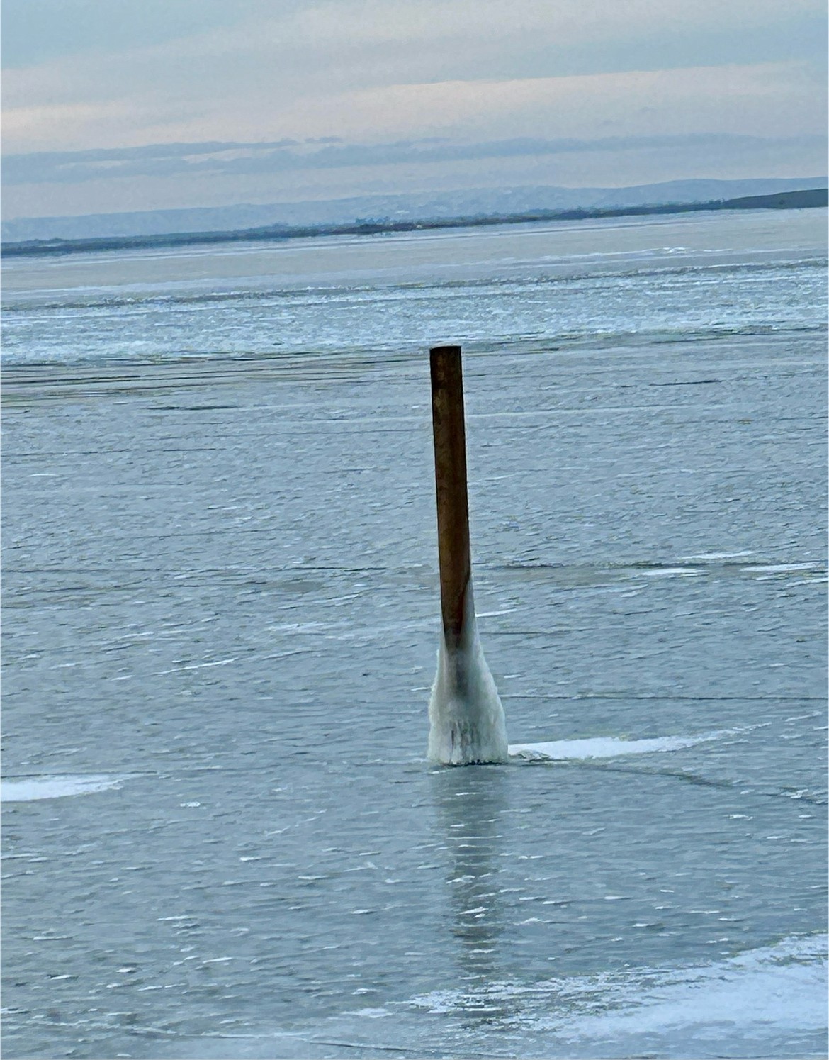 A post locked in ice near MarDon Resort. Fishing has been slow because of the ice, but the reservoir is beginning to thaw.