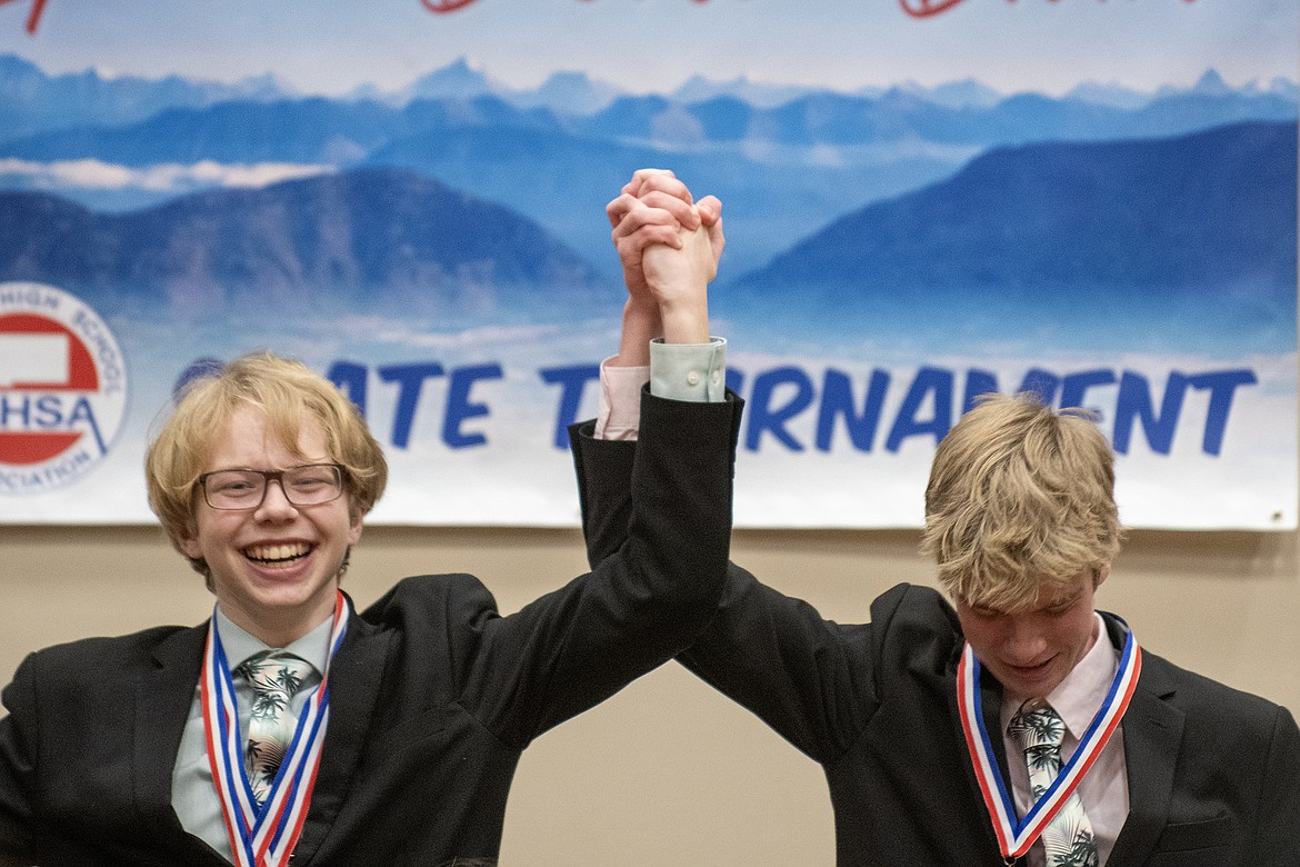 Carson Settles and Reed Wollenzein celebrate their win in DUO Interp at the State A Speech Tournament in Columbia Falls Saturday, Jan 27. (Avery Howe photo)