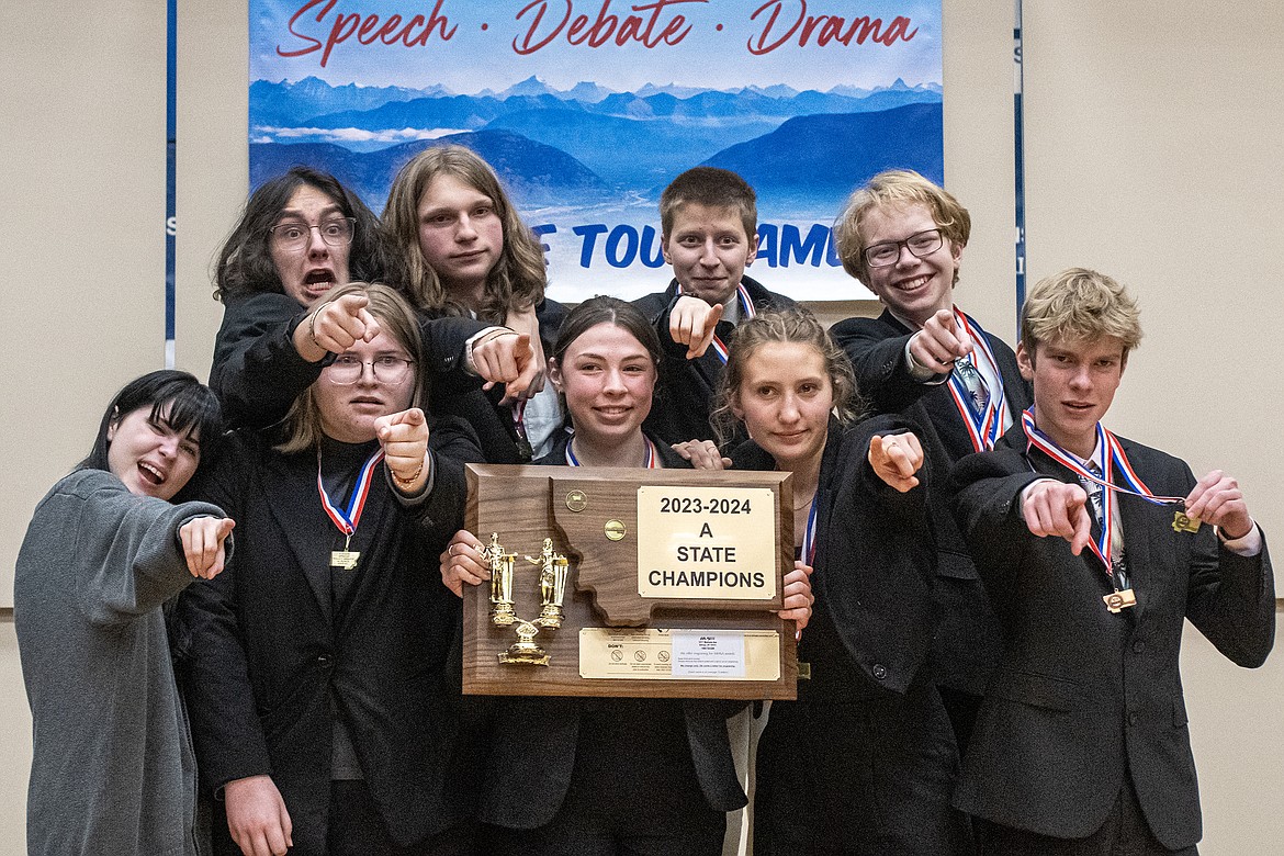 The Columbia Falls Speech and Debate Team celebrates another State Championship at the State A Speech Tournament in Columbia Falls Saturday, Jan 27. (Avery Howe photo).