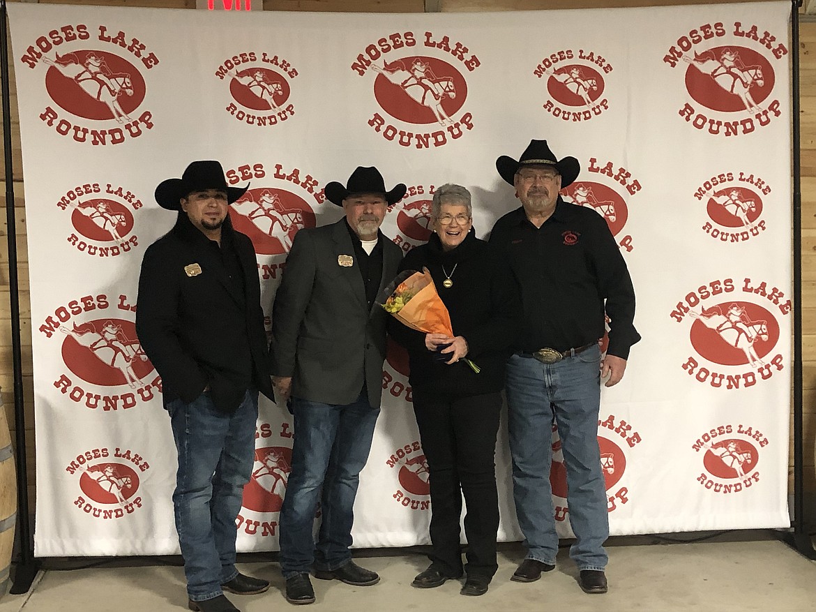 Incoming VP Alex Alvarado, outgoing VP Stan Caffery, event secretary Edie Longfellow, and outgoing President Stuart Platt at Moses Lake Roundup's 2024 Banquet at the Grant County Fairgrounds Ag Building on Saturday.