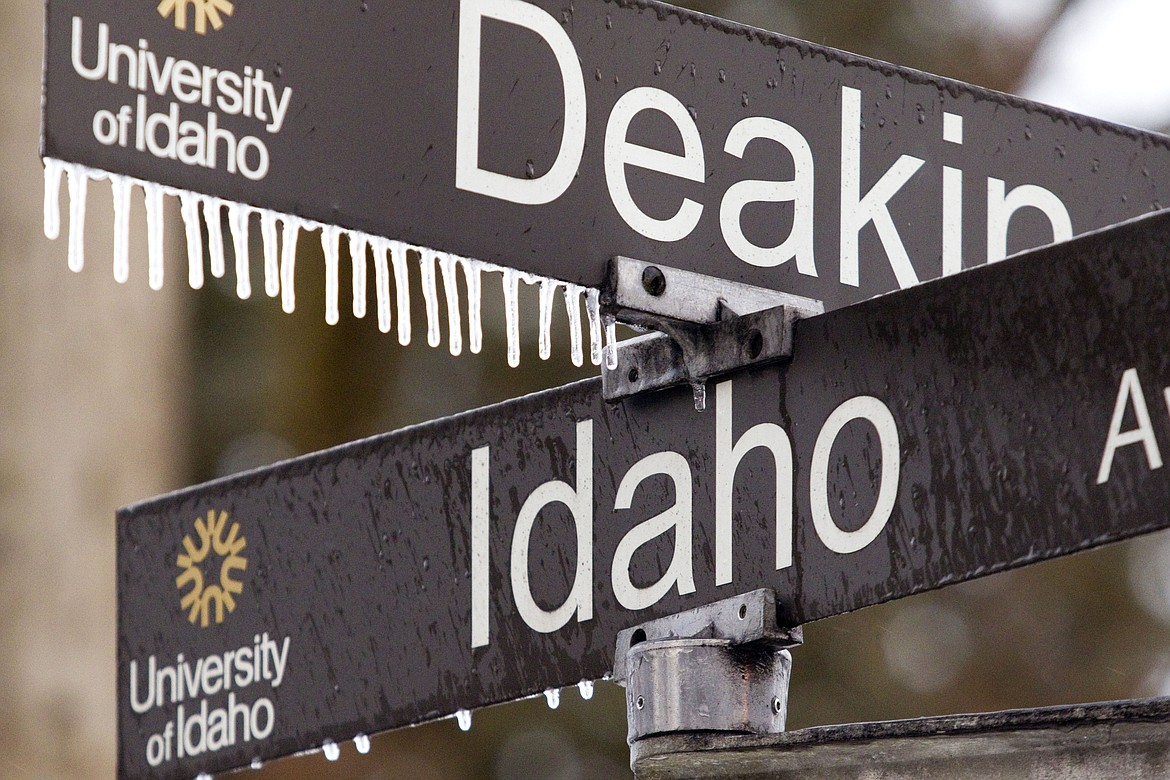 Icicles hang from a street sign at the University of Idaho, Wednesday, Jan. 18, 2017, in Moscow, Idaho. A judge in Idaho has rejected an open meetings lawsuit late Tuesday, Jan. 30, 2024, against the State Board of Education, a ruling that could mean a major breakthrough for the University of Idaho's controversial bid to purchase the University of Phoenix, a private online school, for nearly $700 million. (Geoff Crimmins/The Moscow-Pullman Daily News via AP)